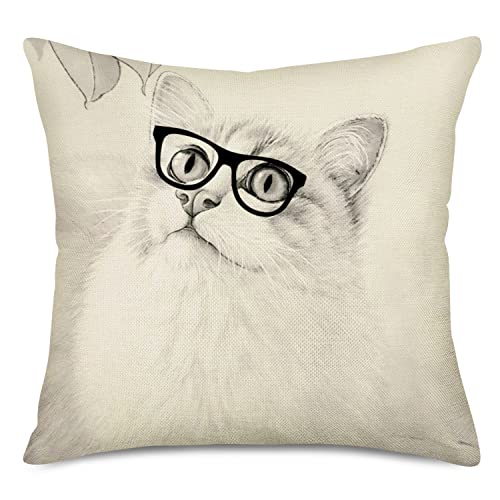 Aremetop Cute Cat Home Decor Pillowcase Lovely Ragdoll Kitten Adorable Meow Cat Wearing Glasses Throw Pillow Case Cushion Cover For Sofa Couch Bed Living Room 18 X 18 Inches #TOP5