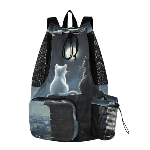 Mesh Gym Swimming Bags for Men & Women, Two Cats City Moon Stras Large Drawstring Backpack with Dry-Wet Pocket, Lightweight Gym Bag for Sports, Travel, Beach, Workout Gear