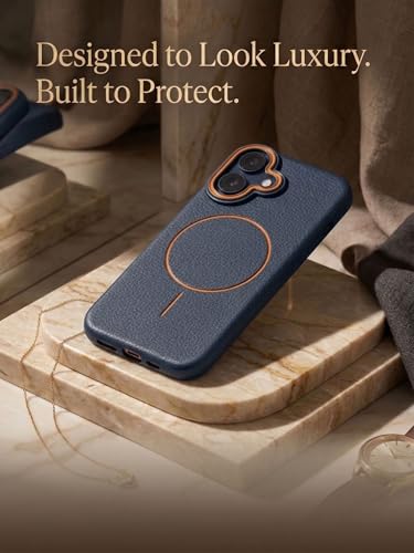 Image of amazon basics Luxury MagSafe Compatible Leather Texture Back Cover for iPhone 16 | Raised Camera Protection | Slim Fit Shockproof Case with Metallic Accents (Dark Blue)