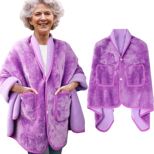 Fanfanwin Double Layer Poncho Blanket Sherpa Shawl with Pockets Fleece No Sleeves Bed Jackets for Elderly Women Grandma Gifts(Lavender)