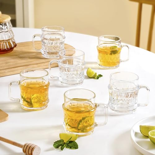 Image of Nestasia Transparent Glass Tea Cups Set of 6 (165ml Each) - Dishwasher Safe & 100% Food Safe Coffee Cups with Handle for Coffee, Tea, Hot & Cold Beverages | Vintage Cut Texture Design