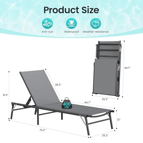 Image of Amopatio Outdoor Lounge Chairs Poolside Chaise Lounge for Patio | Foldable & Portable & Stackble Weather Resistant Frame Breathable Textilene 5-Position Adjustable Backrest 400 LBS Capacity