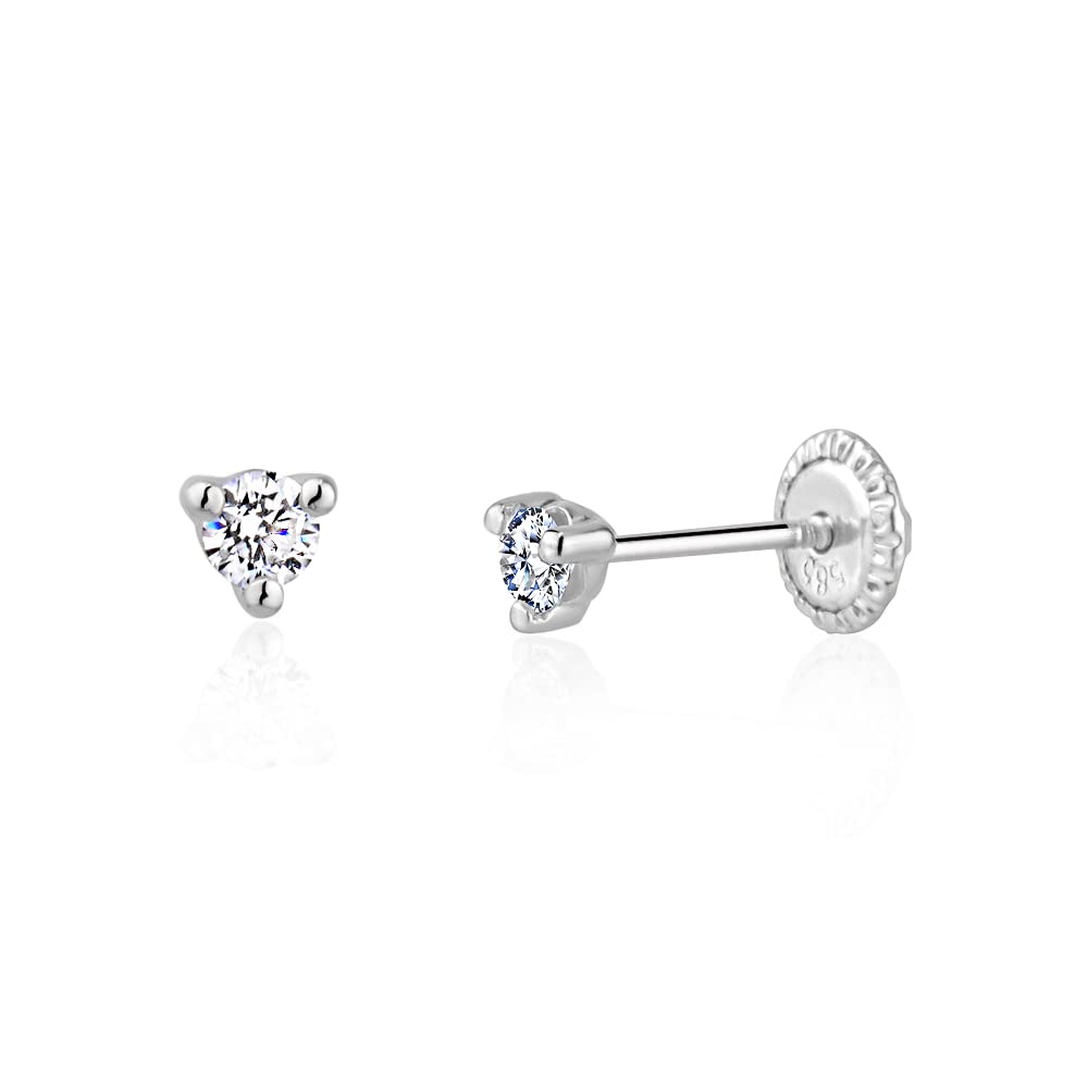 14k Gold 3-Prong Simulated Diamond Stud Earrings - Martini Style, 3mm 4mm 5mm, Covered Screwback for Women