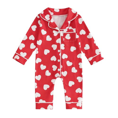 BULINGNA Infant Baby Girl Boy Valentine's Day Jumpsuit Long Sleeve Button Down Heart Print Footless Pajamas Sleepwear Onesie (Red, 0-3 Months)