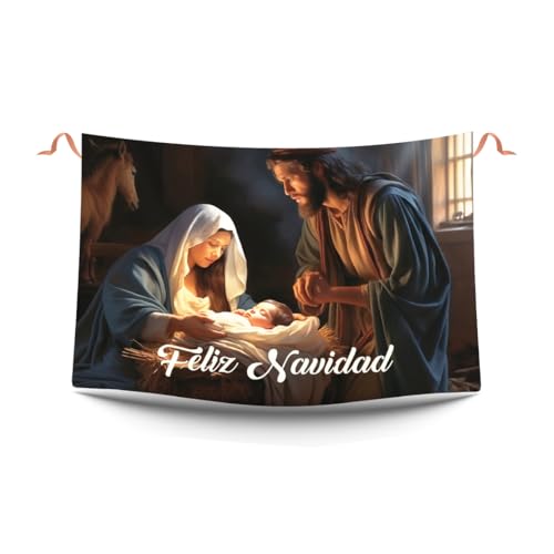 Balconeras Navidad nacimiento niño Jesús. Decoración navideña y colgaduras religiosas portal de Belén. Respotero navideño de tela para decorar balcones 100 x 70 cm.