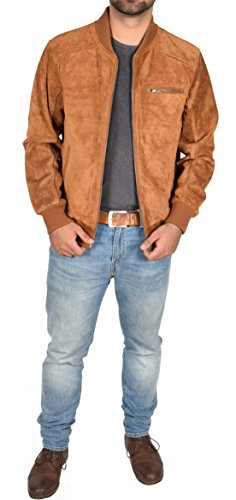 Mens Real TAN Suede Bomber Jacket Leather Varsity Baseball Casual Coat - Roco2