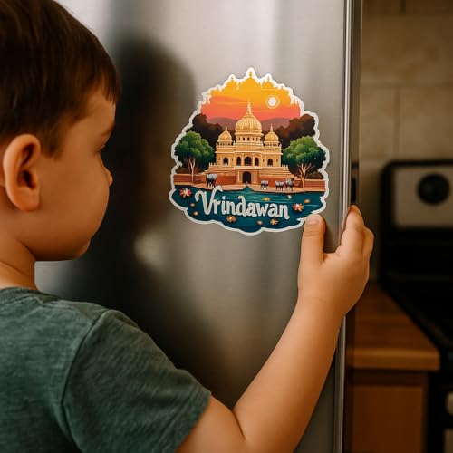 Image of Naxon Vrindavan Theme Souvenir Wooden Fridge Magnet for Refrigerator - Printed Fridge Magnet for Kitchen & Home Decor | Perfect Souvenir Gift | Size 3x3 in | Pack of 1