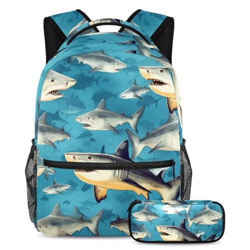 Sac à dos bleu motif requin avec grande trousse scolaire assortie