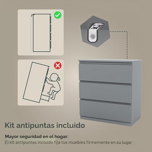 Cajonera Denver gris con 3 cajones perfecta para ordenar tu ropa en el dormitorio 7