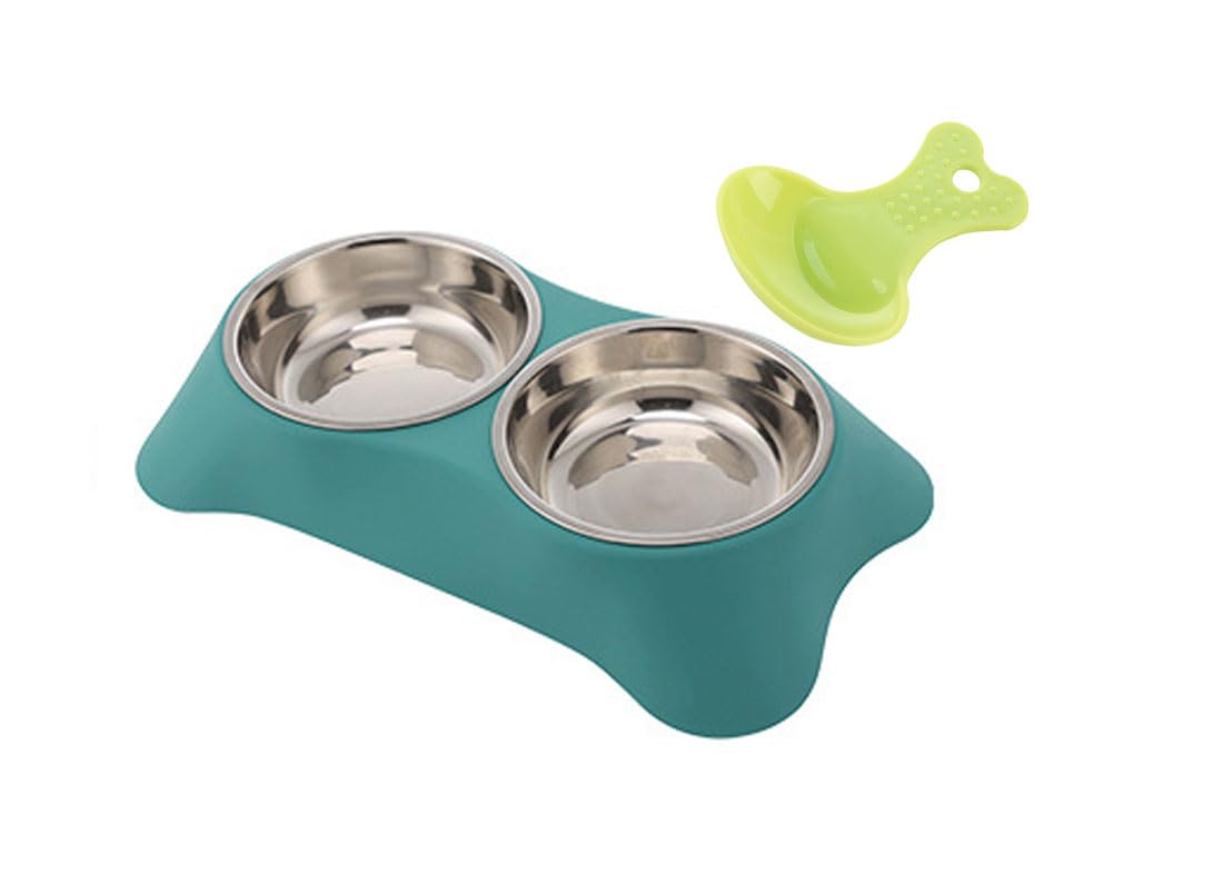 Double Dog Bowl,Non Slip Non-spill Stainless Steel Double Bowl with 1 Pet Food Spoop For Small Dogs and Cats (Dark Green, M)