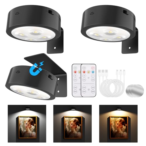Tututry Picture Lights for Wall, Rechargeable Battery Operated Wireless Magnetic Painting Lights with Remote Dimmable and Timer, Wall Decor Lights with 3 Lighting Modes for Art Display (Black, 3Pack)