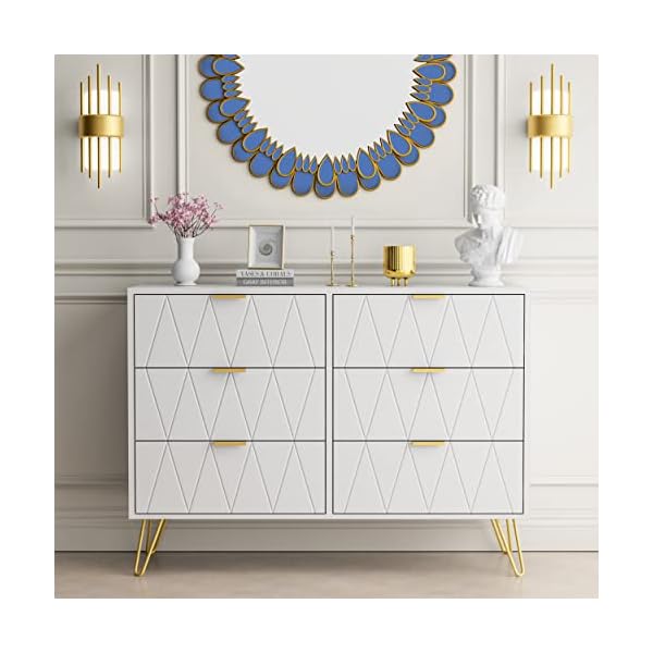 ANBUY 6 Drawer Double Dresser, Dual Chest of Drawers Modern Dresser for Bedroom with Gold Handles (White)