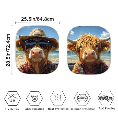 Image of Cool Highland Cow Car Sun Shade 2 Pack Sun Shield Blocks UV Rays Easy to Install Car Truck SUV Windshield Sun Shade
