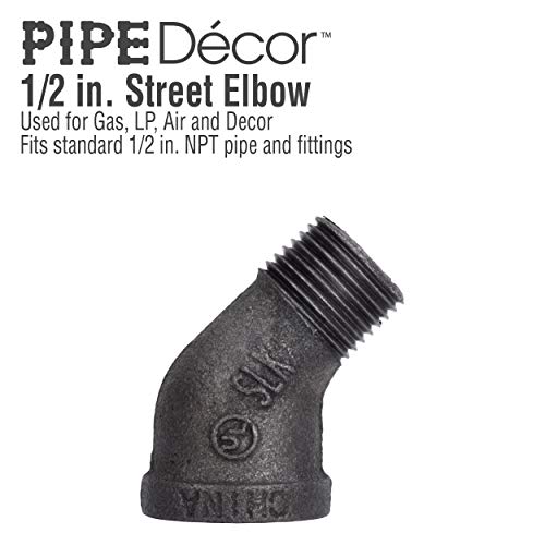 1/2" Street Elbow 45 Degree Fitting, PIPE DECOR Black Malleable Iron Fittings Fit Standard 1/2 Inch Pipes, Nipples and Fittings, Regular Plumbing Applications and Vintage DIY Furniture, 8 Pack