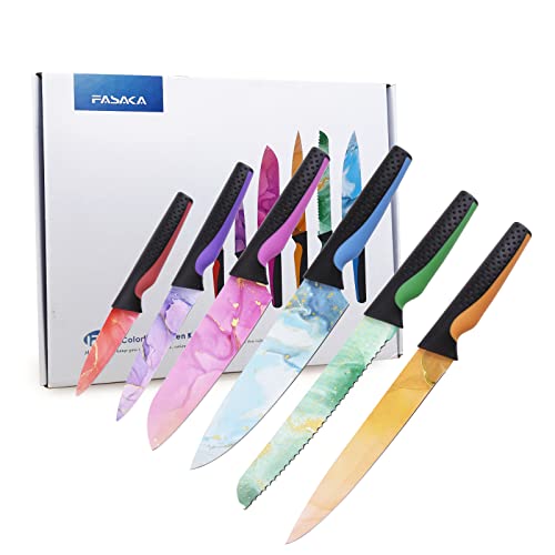 FASAKA Kitchen Knife Set, Knives Set for Kitchen, 12PCS Rainbow Knife Set Kitchen Set-6Pcs Stainless Steel Kitchen Knives &Covers, Non-Stick Color Knife, Kitchen Essentials Kitchen Gifts for Christmas