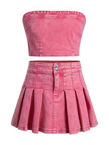 Image of WDIRARA Girl's Y2K 2 Piece Outfits Bandeau Tube Tops Jeans Denim Sets A Line Pleated Mini Skirt Set