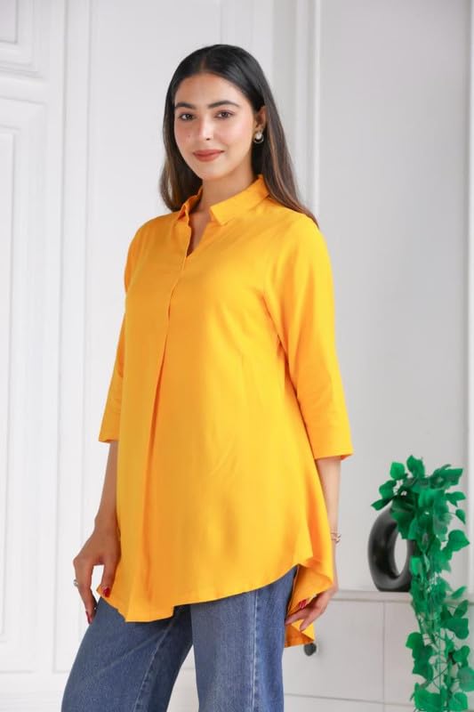 Image of Mlada Rayon Flare Top for Women | 3 /4th Sleeve Regular Fit and Flare Top | Women Office Tops Tunic | Western Long Shirt Top for Women | Shirt Collar Top for Women | Rayon Tunic Tops for Women Western