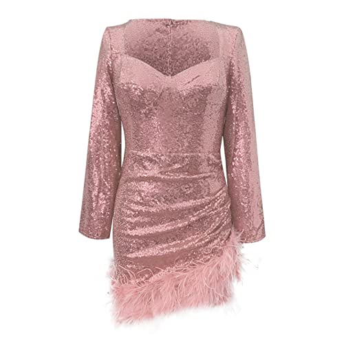 YHEGHT Vestido feminino de manga comprida com costura de lantejoulas e penas sexy com bainha peluda,