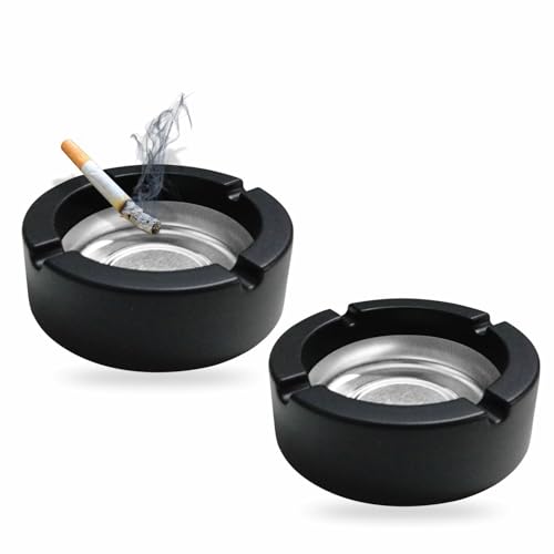 Ashtray Stainless Steel Lightweight Tabletop Ashtray Round Windproof Smoking Ash Tray Suitable for Living Room Office Bar Restaurant Countertop Hotels Garden Home Accessories 3.5x9cm (2Pcs)