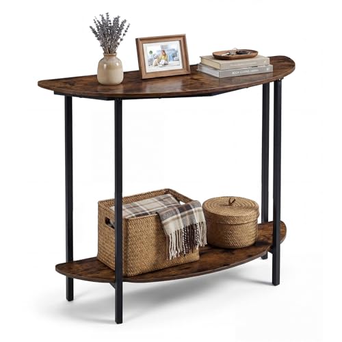 COSTWAY Table Console Entrée Demi-Lune 2 Niveaux, Console Bois Métal, Style Industriel, Étagère Ouverte, Cadre Métal Solide, Patins Antidérapants, 2 Kits Anti-Basculement, Marron Rustique