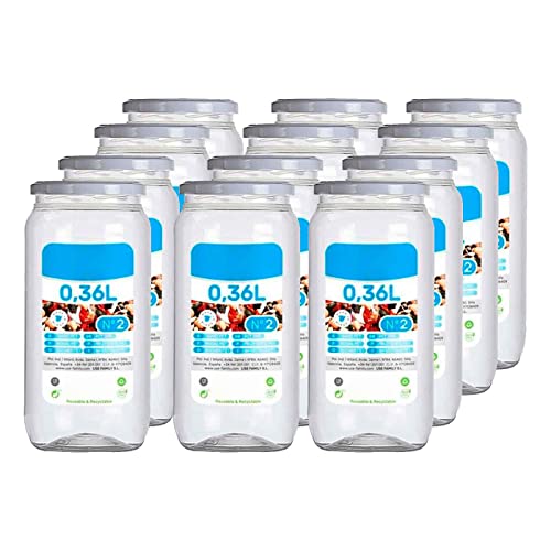 Acan Tradineur - Pack de 12 tarros de plástico Nº 2 - Incluyr Tapa metálica - Ideal para la conservación de Tus Alimentos - Capacidad de 0,36 litros - 13 x 6,5 cm