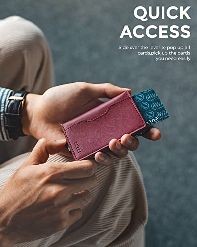 Image of VULKIT Slim Pop up Wallet for Women Minimalist Credit Card Holder with Leather Slots Men's Bifold RFID Blocking Metal Wallets, Ruby, S, Minimalist