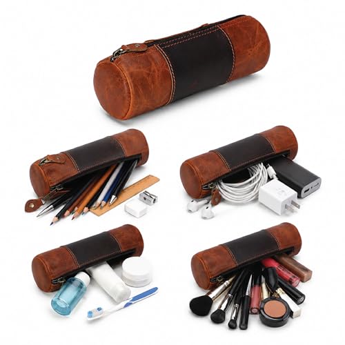 Image of Genuine Leather Pencil Pouch, Handcrafted Zipper Organizer Case with Wrist Strap, Durable Multi-Purpose Storage for Stationery, Travel & Accessories, 8 x 2.5- Tan
