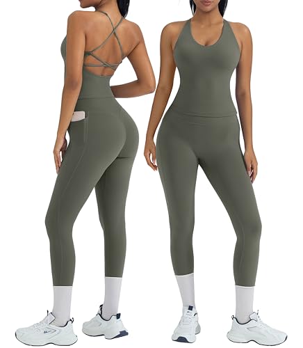 OMKAGI 2 Piece Workout Sets for Women Padded Workout Tops Booty Leggings with Pockets Gym Sets (M,445-Avocado Green)