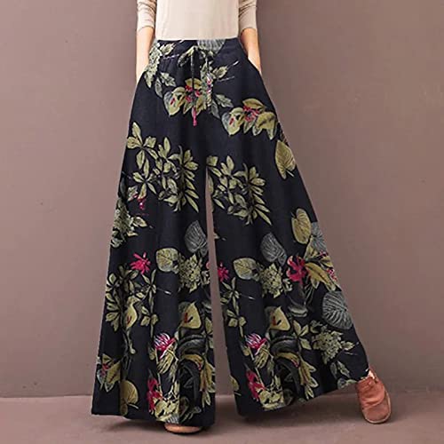 Plus Size Linen Elastic Waist Jogger Pants for Women Wide Leg Drawstring Flowy Fall Casual Palazzo Printed Trousers (Navy 5X)2