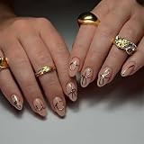 24Pcs Almond Press on Nails Short 3D Letter Fake Nails with Designs Reusable Gold English Letters False Nails Personalized Alphabet Acrylic Nails Glue on Nails Cute Bow Stick on Nails for Women