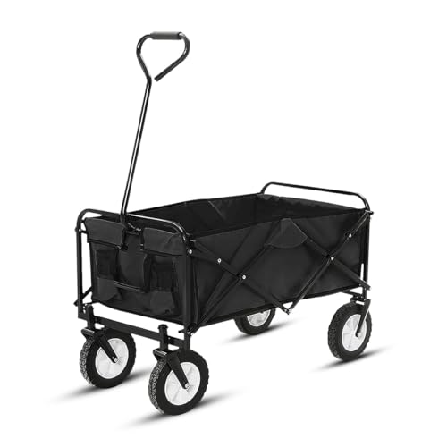 KKTECH Folding Festival Trolley Cart – Folding Wagon with All‑Terrain Wheels, Adjustable Handle Trolley | Collapsible Utility Cart, Large Capacity Wagon + Heavy‑Duty (Black) (Black)