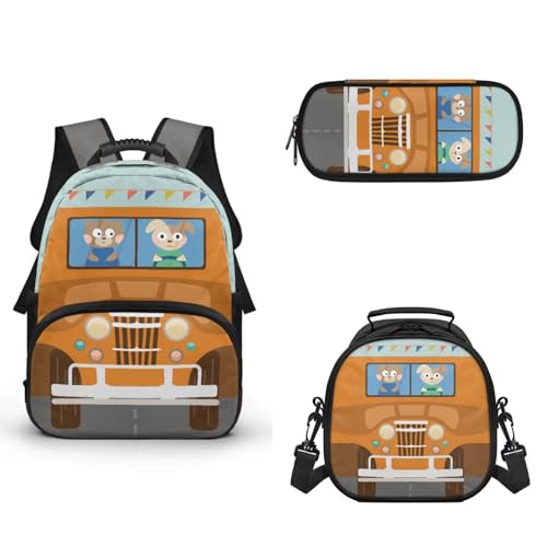 GWDDCMGYH Backpack for Girls Car Print Strap School Bags Bookbag Lightweight Backpack Set with Lunch Bag Pencil Bag for Elementary Students