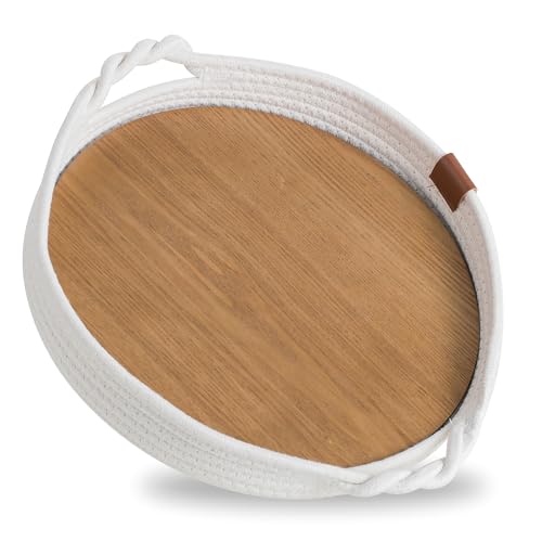 Hanobe Deko Tablett Rund Weiß: Landhausstil Dekotablett mit Abnehmbaren Holzplatte für Couchtisch Beistelltisch - 30cm Boho Baumwollseil Korb Geflochten für KüChe