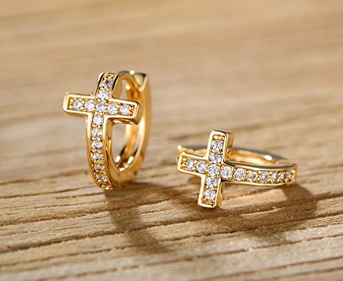 Barzel 18K Gold Plated Crystal Huggies Cross Earrings For Women - Made In Brazil #TOP3