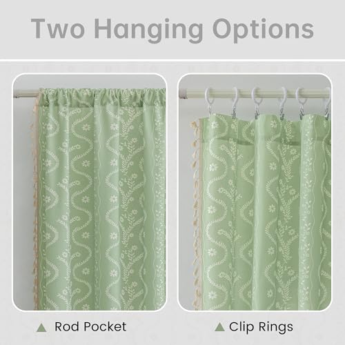 Image of Boho Curtains 84 Inch Long for Living Room, Bedroom, 2 Panels Floral Farmhouse Vintage Tassel Semi Sheer Light Filtering Privacy Window Curtain Drapes with Rod Pocket,Light Green