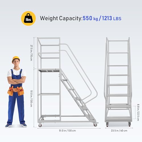 Image of 6 Step Rolling Ladder with Wheels, 1200LBS Capacity Industrial & Warehouse Rolling Stairs, Non-Slip Rolling Steps with Stair Edge Protector, Easy to Move Rolling Steps for Goods Shelves, 23.5 inchx51 inch