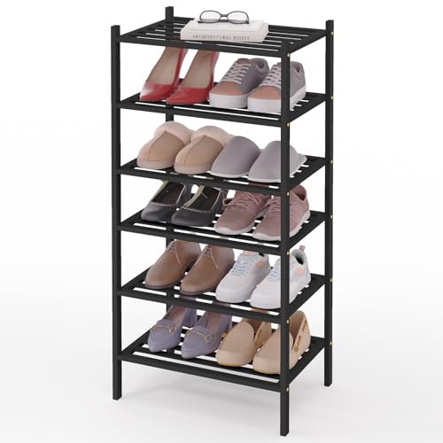 Image of Smiry Bamboo Shoe Rack, 5 Horizontal Slats, 6 Tier - 17.3 inch Wide, Black