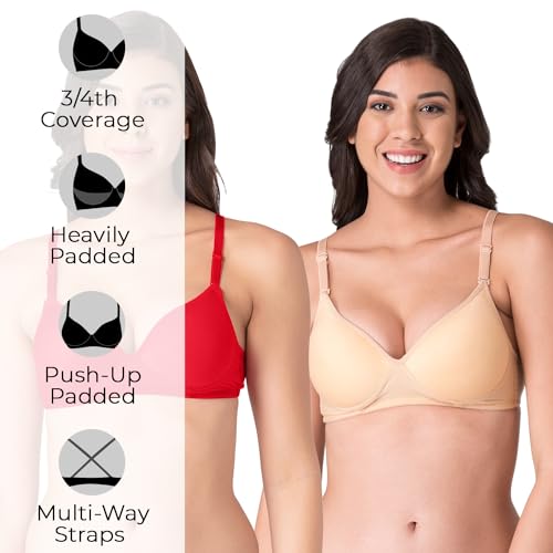 Image of Komli - Heavily Padded Push-Up Bra - Cotton Rich - Balconette - 3 /4th Coverage, Seamless, Wireless, Multiway Straps - T-Shirt Bra