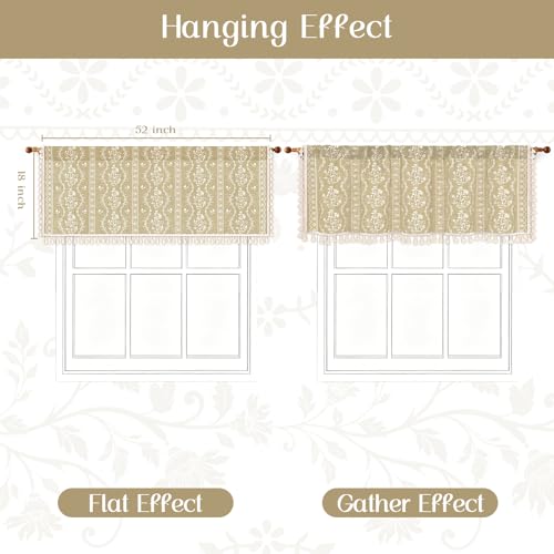 Image of Yinhua Boho Valance Curtains Vintage Linen Natural Kitchen Valances for Windows Light Filtering Bohemian Floral Valance Rod Pocket Farmhouse Tassel Window Valances for Bathroom Cafe, 52 inch W X 18 inch L