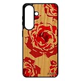 Coque S26+ Plus en Bois et Silicone Rose Fleur Amour Floral Tatoo Etui Portable petale de Rouge Love Femme Pas Cher pour Samsung Galaxy
