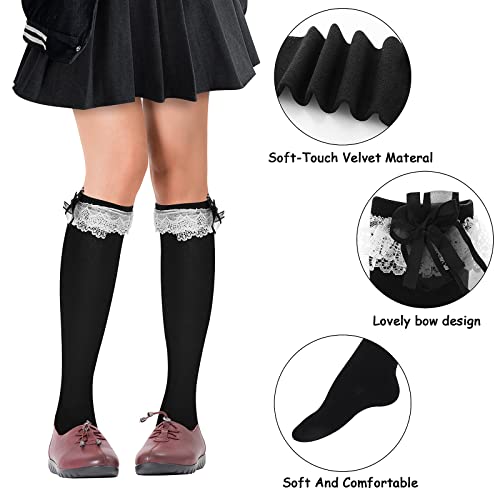 Women's Soft Knee High Cotton Socks with Lace Ruffle Bows - Tube Stockings for Lolita (Black)4