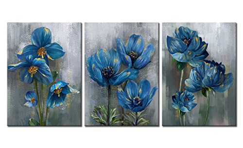 Blue Flower Wall Art,Flowers On The Grey Background Nature Scenery Canvas Print Wall Art 3 Piece Picture For Living Room Bedroom Wall Painting Decoration Modern Artwork Ready To Hang #TOP3