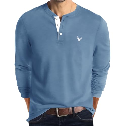 KUYIGO Men's Embroidered Henley Long Sleeve T-Shirt Casual Sports Knit Top S Blue