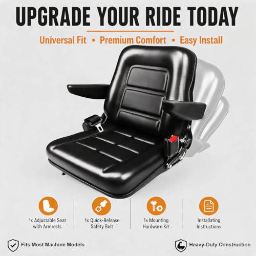 Image of Universal Lawn Tractor Seat,Zero Turn Seat Replacement for Ariens IKON-XD | Waterproof PVC Thickened Foam Cushion Mower Seat with Seatbelt & Armrests,for Mini-Excavator,Forklift,Skid Loader