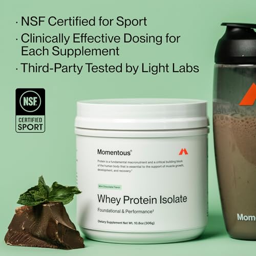 Image of Momentous Essential Grass-Fed Whey Protein Powder - 20 g Whey Isolate Protein - NSF Certified for Sport - Gluten-Free - 12 Servings for Essential Everyday Use - Mint Chocolate - Package May Vary