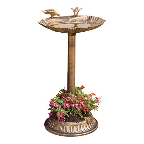 GardenKraft Bird Bath with Built-In Planter Bronze Effect Clam Shell Garden Ornament Weatherproof Outdoor Bird Bath 66 x 39 cm