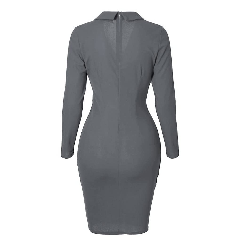 Abito da lavoro da donna, elegante, con risvolto, a maniche lunghe, per autunno e inverno, slim fit, vestito attillato, per feste, da donna, sexy, aderente, corto, estivo, a tunica, per feste