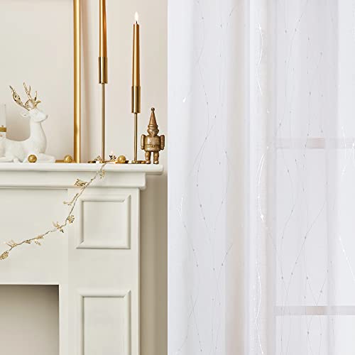 Deconovo White Curtains 84 Inches Long 2 Panels Set, Grommet Sheer Curtains For Bedroom, Wave Line With Dots Printed Drapes For Living Room, Elegant Home Decoration(52W X 84L Inch, White/Silver) #TOP6