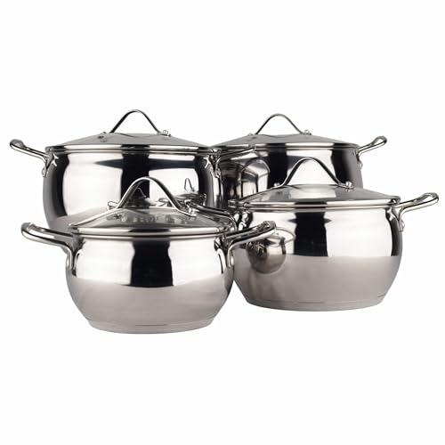 Bavary Batterie de cuisine – Set de 8 pièces – Acier inoxydable 18/10 – Compatible avec induction – Fond Supercapsule – Empilable – Avec couvercle en verre résistant à la chaleur – Fonctionne sur