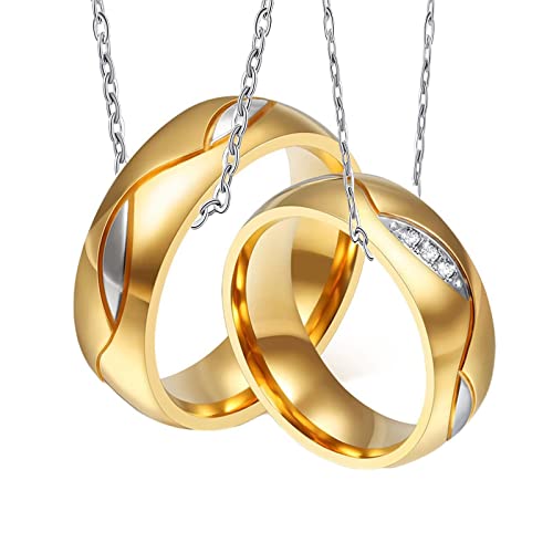 Homxi Halsketten Ring,Partner Halskette Edelstahl Anhänger Kette Gravur Goldring 6MM mit Rund Poliert Zirkonia Damen Kette 50cm Halskette Herren 60cm Cover